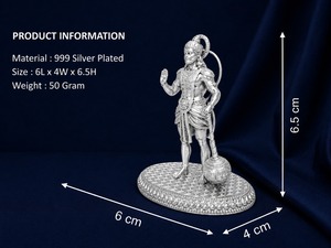 Ídolo de Hanuman Chapado en Plata 999 de Jaipur Metals |   Estatua hindú 100% de latón |   Decoración del Hogar |   Regalo de inauguración de casa |   6x4x6.5 cm |   50g - Product Image 3