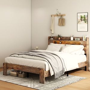 Letto Matrimoniale in Legno con Testiera Illuminata a LED e 2 Porte USB, Silenzioso, Senza Necessità di Rete a Doghe, con Contenitore - Product Image 3