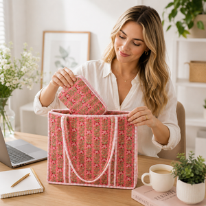 Bolsa de tela con cremallera ecológica con estampado floral de Jaipur + Set de 3 neceseres de algodón acolchado para viajes de verano, regalos y compras - Product Image 4