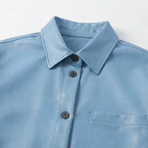 <b>Men</b> Premium Genuine Leather Zip-Up Turn-down Collar <b>Winter</b> Long Sleeve Light Blue Eco-Friendly Vintage Casual Streetwear <b>Shirt</b> - Product Image 4