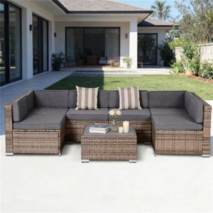 ชุดเฟอร์นิเจอร์สนามหญ้า 7 ชิ้น ชุดโซฟาแบบแยกส่วนสำหรับกลางแจ้ง ชุดเฟอร์นิเจอร์สวน สีเทา - Product Image 1