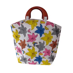 Ethnic Traditional Look Women's Wood Handle Jute Tote Bag Flower Print multicolor Cottage Jute Bags for Lunch for Women and men
