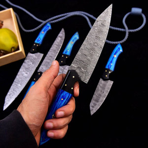 New Edition Custom Handmade Damascus Steel 5-Piece <b>Kitchen</b> Chef <b>Knife</b> Set Blue Pakkawood Handles Full Tang Straight Edge - Product Image 3