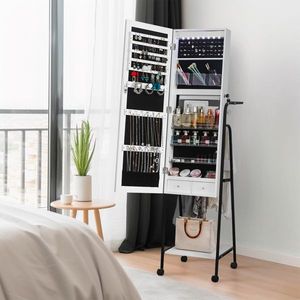 Organizzatore di Gioielli da Parete in Vetro con Perline, Barra Pieghevole Rimovibile e Ripiani con Finitura in Legno - Product Image 2