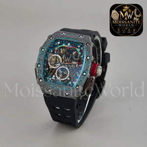 Premium <b>Black</b> Band Square Shaped Dial Moissanite Quartz <b>Watch</b> with Multiple Diamonds with Certified VVS Clarity Premium Diamond - Product Image 5
