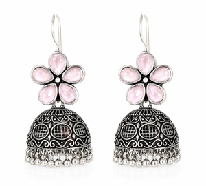 Oxidized <b>Silver</b> Multicolor Stone Floral Jhumka <b>Earrings</b> for Women | Indian <b>Dangle</b> <b>Earrings</b> for Women - Product Image 1