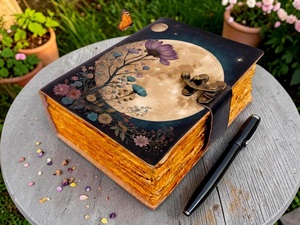 Buffalo Leather Celestial Moon <b>Journal</b> Flower Vintage Grimoire Notebook Sewing Bound Handmade Deckle Paper <b>Diary</b> Multi Color - Product Image 6