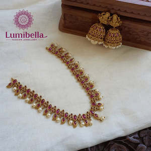 <b>Ruby</b> Short <b>Necklace</b> Set with Jhumki Earrings-18K Gold Plated Zircon Bridal Jewelry - Product Image 1