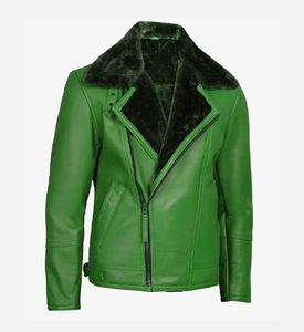 Green <b>Leather</b> Motorcycle <b>Jacket</b> <b>Men</b> Sherpa Lined Biker Coat Zip Up Casual Outerwear - Product Image 1