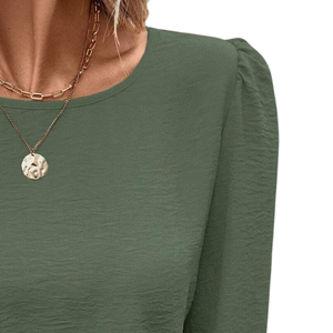 Womens Solid Polyester Long Sleeve Blouse Neck Smocked Waist Cuffs Elegant Loose Fit Casual Office Wear Fashion <b>Top</b> Daily - Product Image 3
