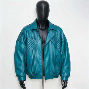 Custom <b>Men's</b> Blue Genuine Leather Distressed Regular <b>Jacket</b> Embossed <b>Checkered</b> Patchwork Design Stand Collar Zipper Closure - Product Image 1