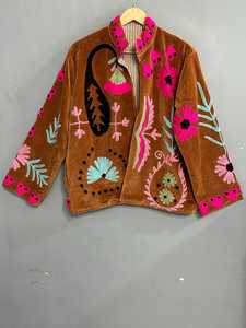 Premium Rich Brown <b>Velvet</b> <b>Women's</b> Suzani <b>Jacket</b> Hand Embroidered Bohemian <b>Women</b> Coat Uzbek Traditional Embroidery Winter Blazer - Product Image 2