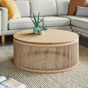 Handwoven Rope Coffee <b>Table</b> With Storage Shelf And Durable Wooden Top For Stylish Home Furniture Collection - Product Image 1
