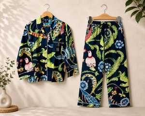 Women's Floral Print 100% Cotton Soft Casual Summer Long Sleeve <b>Two</b> <b>Piece</b> Drawstring Closure ODM Pajama <b>Set</b> Nightwear <b>Lounge</b> <b>Set</b> - Product Image 3