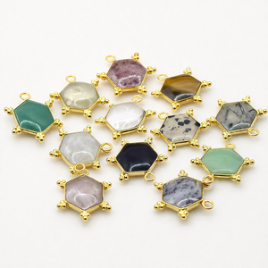 Gold Plated Brass Hexagon Dendrite <b>Opal</b> Gemstone Pendant Charm Smooth Cabochon Natural Stone Connector Necklace <b>Bracelet</b> Unisex - Product Image 5