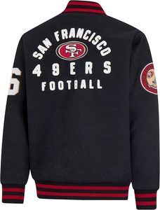 Chaqueta Bomber Bordada de los San Francisco 49ers, 100% Transpirable, de Secado Rápido, Color Personalizado, Negro con Ribete Rojo en Contraste, Clásica para Adultos - Product Image 3