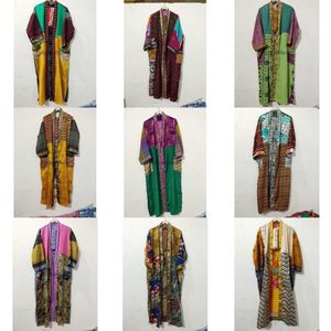 Robe Kimono Maxi Vintage en Soie Recyclée pour Femme, Élégante, Patchwork, Col en V, Cordon de Serrage, Respirante, Séchage Rapide, Idéale pour l'Été - Product Image 1
