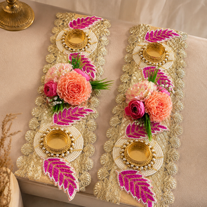 Pink Leaf Floral Diya Decoration Pair Handmade Gold Patti Pearl Wedding <b>Mandir</b> Pooja Festival Home Decor Gift Item - Product Image 3