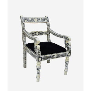 Chaise de salon en bois massif avec incrustations osseuses, assise en velours, design traditionnel antique, style ferme, pour salle de bain, salon, chambre, cuisine - Product Image 3