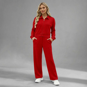 Conjunto Deportivo Rojo para Mujer, Manga Larga, Cierre Frontal con Cremallera, Color Sólido, Corte Holgado Informal, Ropa de Otoño con Bolsillos Laterales - Product Image 1
