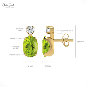 Boucles d'oreilles clous en or massif 14 carats avec péridot naturel et diamant, taille ovale 7x5mm, pierre précieuse, fermoir poussoir, bijoux pierre de naissance d'août - Product Image 4