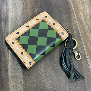 Monedero de Cuero Genuino a Cuadros Hecho a Mano con RFID de Fabricante OEM, Monedero Mini Moderno de Gran Capacidad con Borla para Mujer - Product Image 4