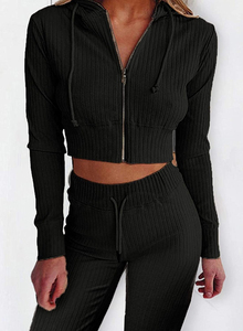 Completo Sportivo da <span class=keywords><strong>Donna</strong></span> 2 Pezzi: Top Corto con Cappuccio a Costine e <span class=keywords><strong>Pantaloni</strong></span> Lunghi Neri con Zip Frontale, Vestibilità Aderente - Product Image 6