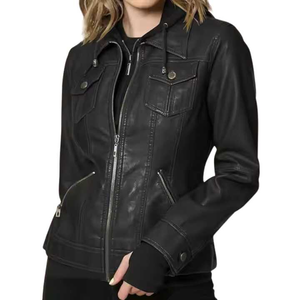Women's PU Leather Slim Fit Short Motorcycle Jacket Hooded Full Sleeve <b>Zipper</b> Closure Solid Color Autumn Wear - Product Image 5