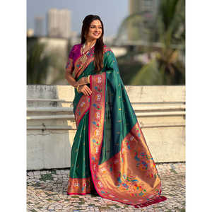 Green Soft Silk Swan Rajhans Paithani Saree 650g Elite Weaves <b>Indian</b> & <b>Pakistani</b> <b>Clothing</b> - Product Image 1
