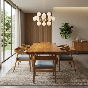 Ensemble de table à manger en teck massif avec 6 fauteuils rembourrés, table rectangulaire, style moderne du milieu du siècle, meubles de cuisine, suite de salle à manger en teck chaud - Product Image 4