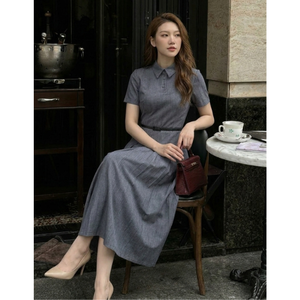 Vestido Midi Plisado Gris para Mujer, Manga Corta, Cuello Camisero, Corte en A, con Cinturón, Elegante, para Oficina, Servicios OEM y ODM, MOQ Bajo - Product Image 1
