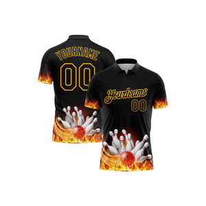 Polo de bowling personnalisé pour homme, imprimé flamme noire, manches courtes, respirant, polyester, design avant et arrière, service OEM - Product Image 1