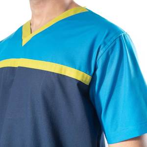 Men's Blue and Teal <b>Scrub</b> <b>Set</b> with Yellow Trim Hospital Uniform Cotton Polyester Woven Pants and Top for Medical Use - Product Image 5