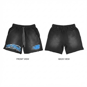 <b>Men</b> Acid Wash Sporty <b>Shorts</b> 100% Cotton <b>Woven</b> 140g Elastic Waist Drawcord Side Pockets Sequined Logo Charcoal Black Quick Dry - Product Image 1
