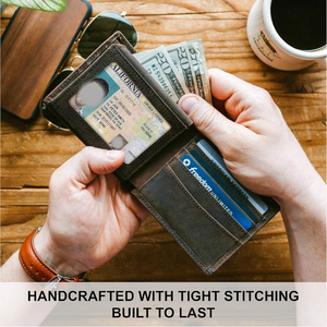 Men's Top Grain Leather <b>RFID</b> <b>Blocking</b> Bifold <b>Wallet</b> Slim Design 8 Card Slots 2 ID Windows Extra Capacity Ultra Strong Stitching - Product Image 3