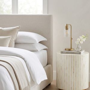 White Bone Inlay Nightstand <b>Round</b> Side <b>Table</b> Art Deco <b>Bedside</b> Cabinet Living Room Decor - Product Image 3