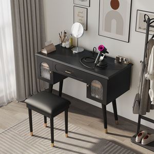 Set Moderno ed Elegante di Tavolo da Trucco Nero con Sedia, Toeletta Moderna con Organizer, Scrivania e Porta di Ricarica - Product Image 1