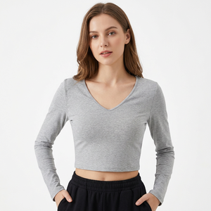 Blusa Corta de Mujer, Cuello Redondo, Manga Corta, Ajustada, Tejida en Algodón y Elastano, Informal, Ecológica, de Secado Rápido, Color Sólido, Gris - Product Image 1