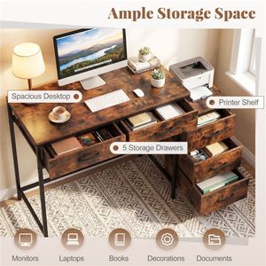 Industrial Home Office Writing <b>Desk</b> 5 <b>Drawer</b> PC <b>Desk</b> with Reversible <b>Drawers</b> and Printer Shelf Metal Frame Rustic Style - Product Image 5