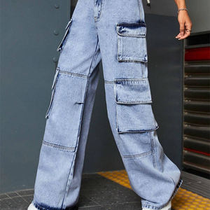 Jean cargo en denim taille haute à jambe large pour femme, coupe ample, longueur intégrale, en coton délavé, décontracté, pour le printemps - Product Image 3