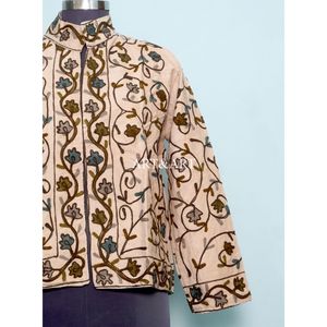 Vintage Indian Style Handmade 100% Cotton Floral Embroidered Eco-Friendly Breathable Quick Dry Stand <b>Collar</b> Cotrise <b>Jacket</b> Women - Product Image 2