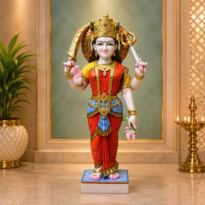 Santoshi Maa Murti en marbre sur socle avec lotus |   Idole de Santoshi Mata à quatre bras et statue en marbre artisanale |   MALIYAS Jaipur - Product Image 1