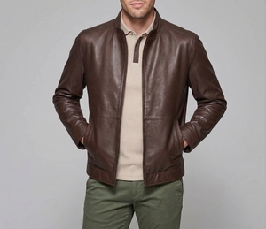 Chaqueta de Cuero Genuino Azul Marino para Hombre, Cuello Alto con Cierre, Estilo Casual Elegante, Abrigo de Otoño - Product Image 4