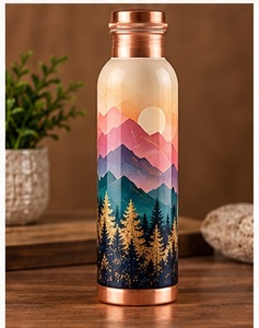 Bouteille d'eau artistique en cuivre, motif mandala bleu et orange, style méditerranéen, gourde portable avec couvercle - Product Image 3