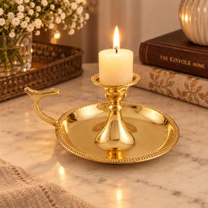 Porte-bougie décoratif en laiton avec plateau rond, fait main, support de bougie de table, décoration intérieure vintage indienne - Product Image 2