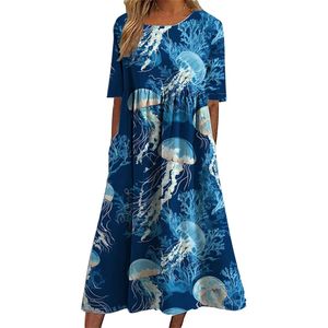 Vestido Midi Boho para Mujer 2025, Vestido de Playa de Manga Corta con Estampado de Peces Marinos, Vestidos de Verano con Bolsillos - Product Image 1
