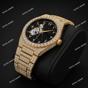 Reloj de pulsera automático de lujo con esfera de números arábigos y diseño de esqueleto con incrustaciones de oro. - Product Image 3
