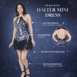 Women Black Silver <b>Sequin</b> Fringe Mini Dress | Halter Neck Party Wear, Club Dress | Luxury Evening Outfit, India 2026 Export Pro - Product Image 2