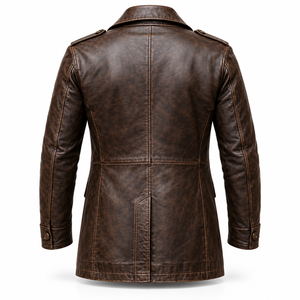 <b>Men's</b> Luxury Antique Brown <b>Leather</b> <b>Blazer</b> Double Breasted Ten Button Closure Classic Lapel Collar Distressed <b>Leather</b> Overcoat - Product Image 3