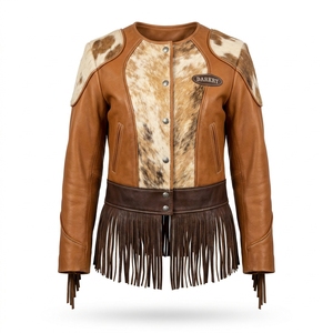 <b>Collarless</b> Cowhide Hair On Hide <b>Womens</b> Fringe Leather <b>Jacket</b> Western Style Tan Brown Panel Cropped Peplum Riding Coat - Product Image 1